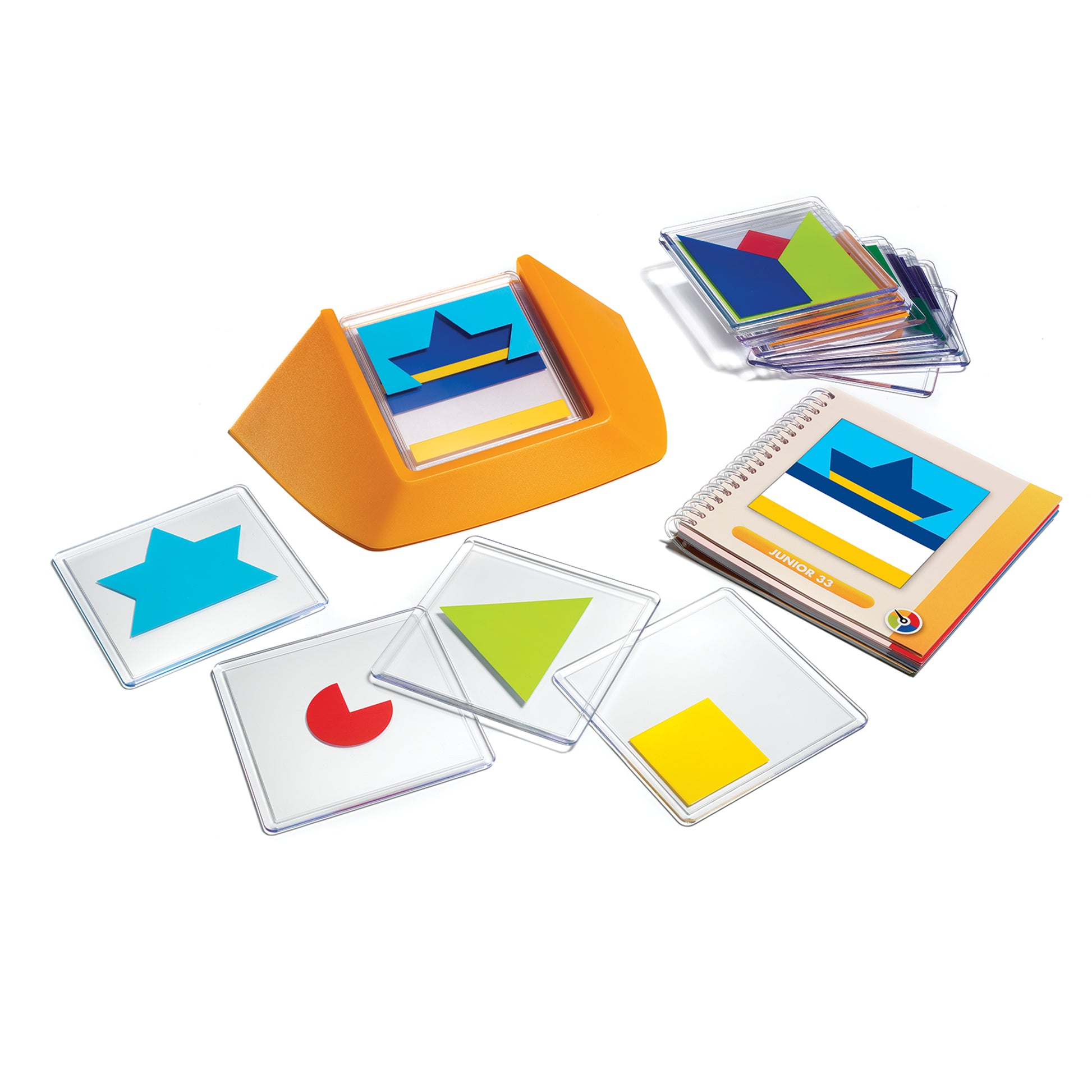 SmartGames Color Code puzzle game with orange storage case, colorful transparent tiles, and spiral notebook