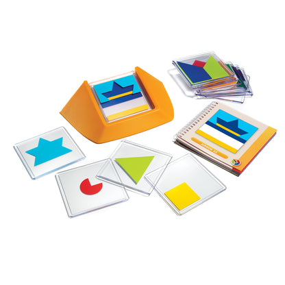 SmartGames Color Code puzzle game with orange storage case, colorful transparent tiles, and spiral notebook