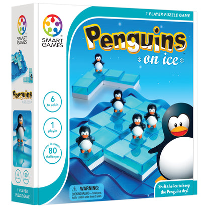 SmartGames Penguins on Ice sliding puzzle game with blue ice board and penguin pieces