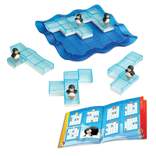 SmartGames Penguins on Ice sliding puzzle game with blue ice floe board, penguin pieces, and puzzle challenge booklet