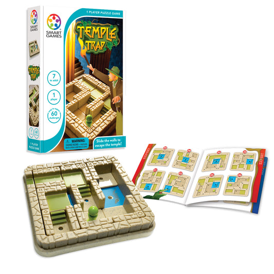 SmartGames Temple Trap 3D puzzle game with beige temple board, green ball, challenge cards, and instruction booklet