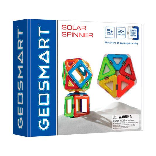 GeoSmart Solar Spinner magnetic construction set with 23 colorful pieces in red, blue, green, and yellow