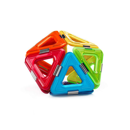 GeoSmart Solar Spinner 23-piece magnetic construction set with colorful triangle blocks in red, blue, yellow, and green