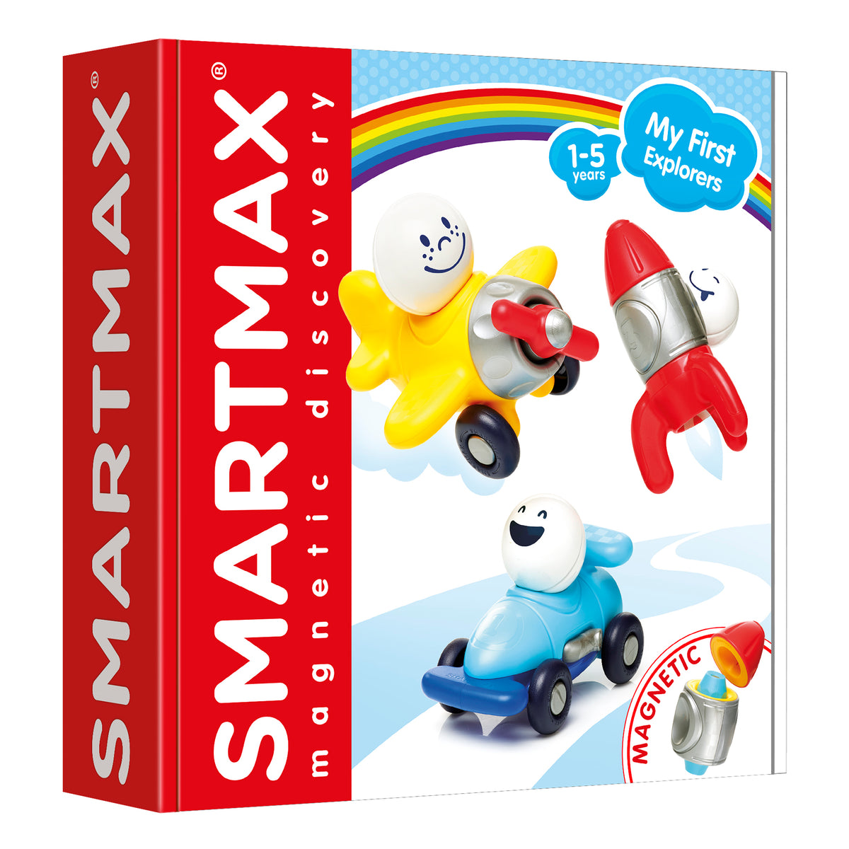 SmartMax My First Explorers magnetic building set with colorful vehicles including yellow plane, red rocket, and blue...