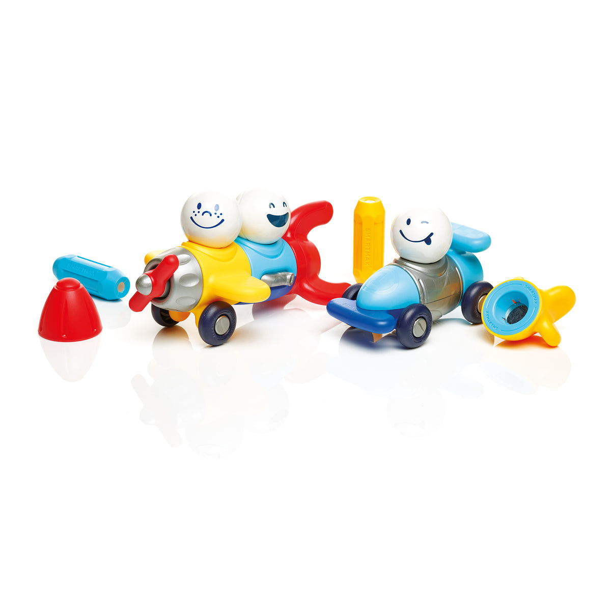 SmartMax Explorers 16-Piece Magnetic Building Set with colorful car, plane, and rocket toys featuring smiling charact...