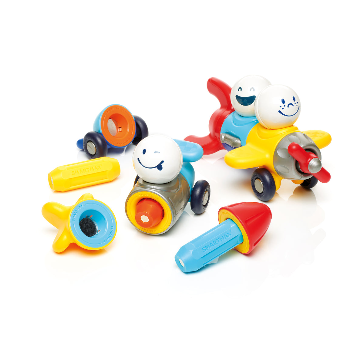 SmartMax Explorers magnetic building set with colorful car, plane, and rocket toys in red, yellow, and blue