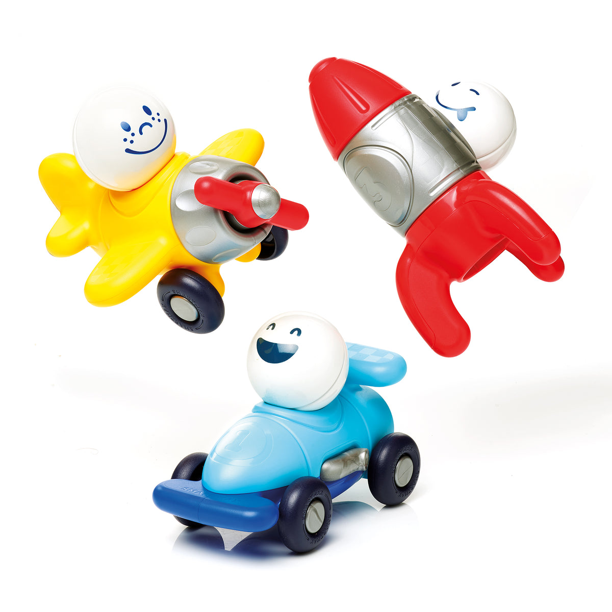 SmartMax Explorers magnetic building set with yellow car, red rocket, and blue car toy vehicles