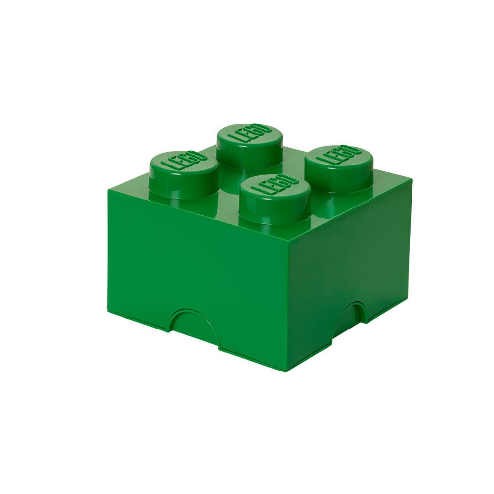 Green LEGO storage brick with four stud connectors on top and curved handles on sides