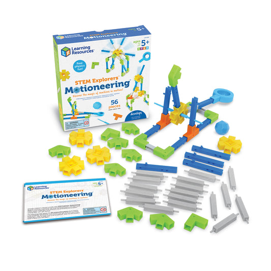 Learning Resources STEM Explorers Motioneering building set with box, instruction manual, and 56 colorful plastic pieces including gears, connectors, rods, and