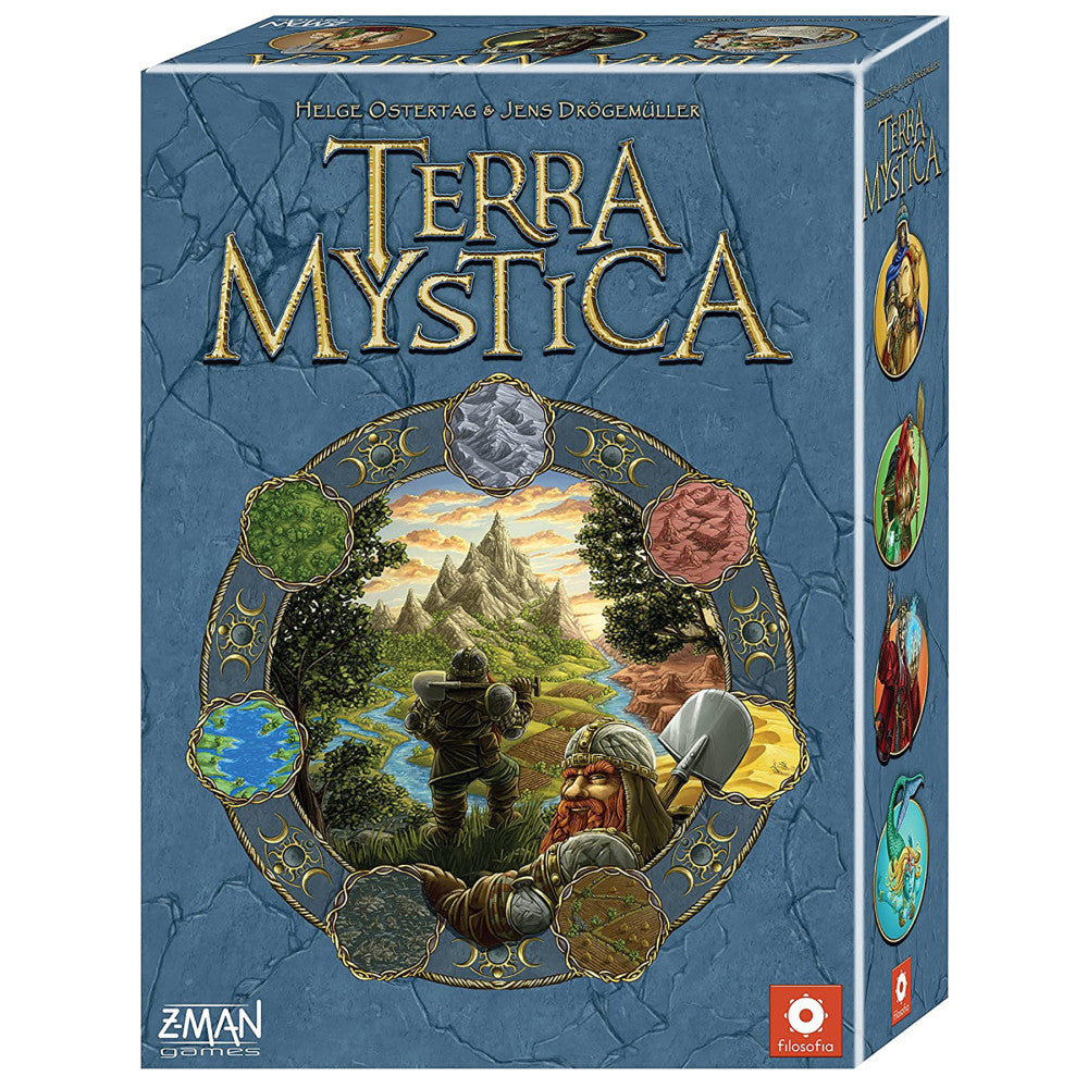 Terra Mystica board game box featuring blue-textured cover with gold title text, ornate circular frame showing fantasy landscape with dwarf character, and color