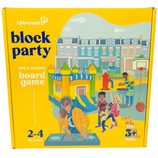 Upbounders Block Party Ups & Downs board game box featuring colorful illustration of children playing in urban neighborhood with bouncy castle, DJ, grill, and b