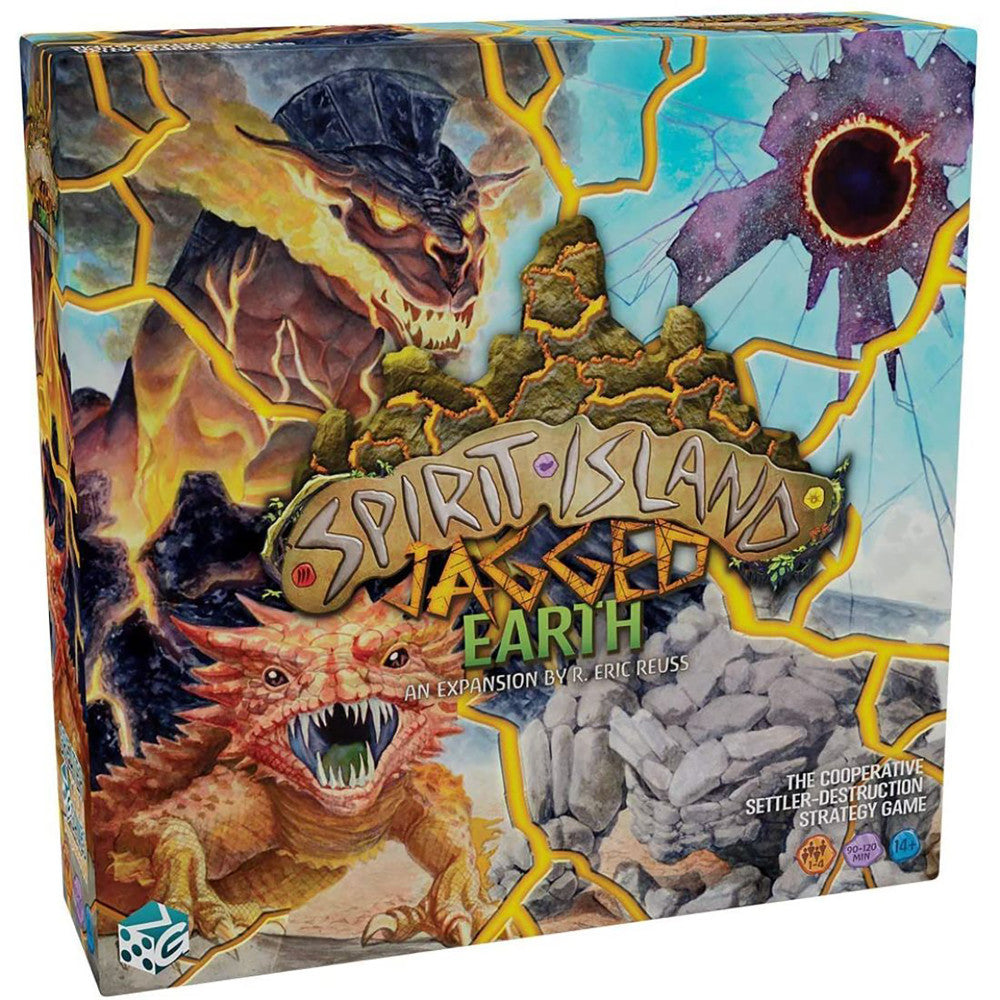 Spirit Island: Jagged Earth Expansion board game box featuring fantasy artwork with fire-breathing dragon, stone structures, and alien creatures in a mystical l