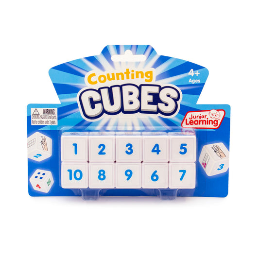 Junior Learning Counting Cubes educational set with 10 white numbered cubes showing numbers 1-10 on blue packaging, ages 4+