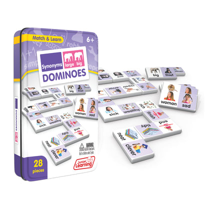 Synonyms Match & Learn Dominoes Game 28-piece set in purple tin with word and image tiles