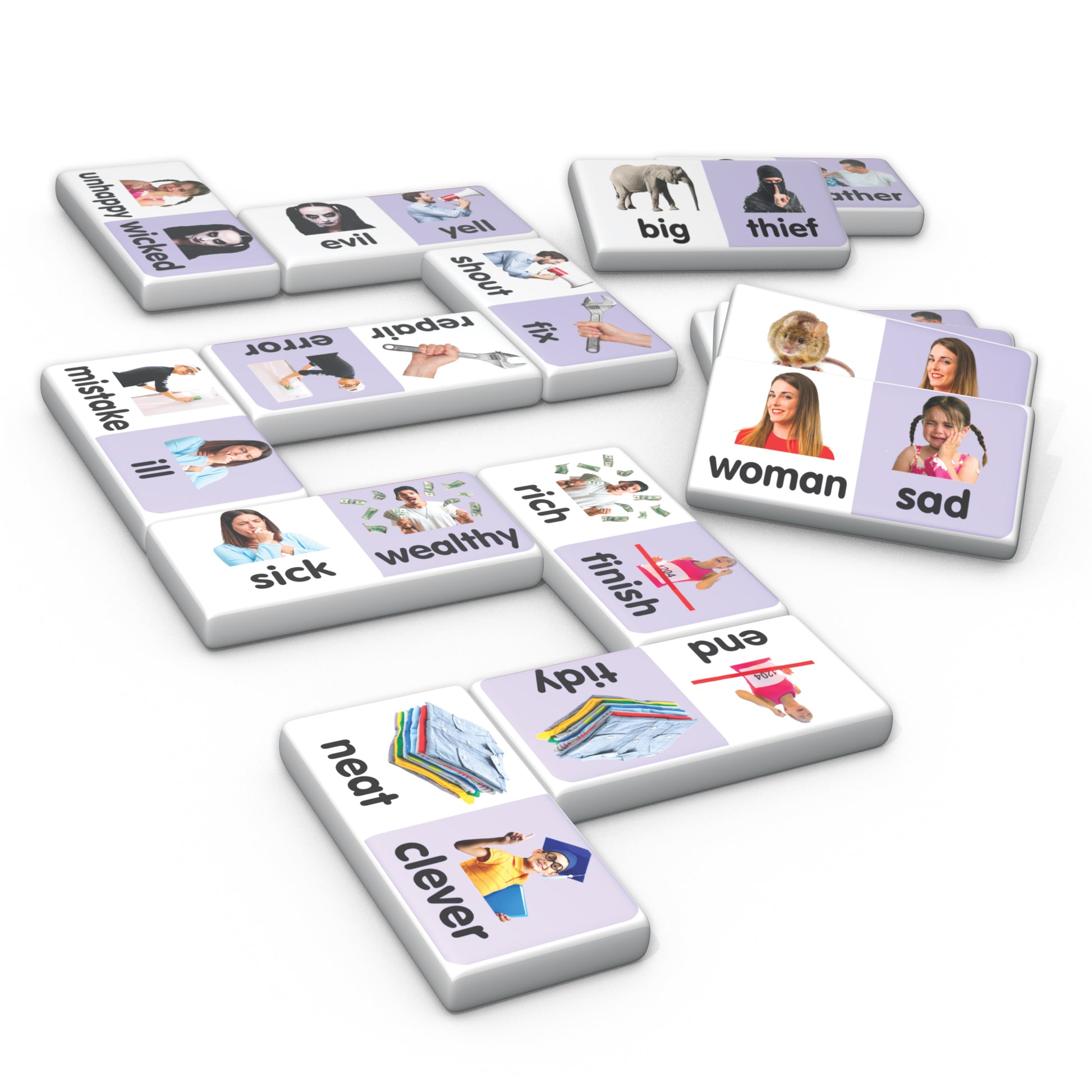 Synonyms Match & Learn Dominoes Game 28-piece set with purple and white tiles featuring word pairs and images