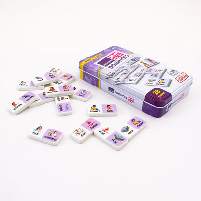 Synonyms Match & Learn Dominoes Game 28-piece set with purple collector's tin and educational word tiles