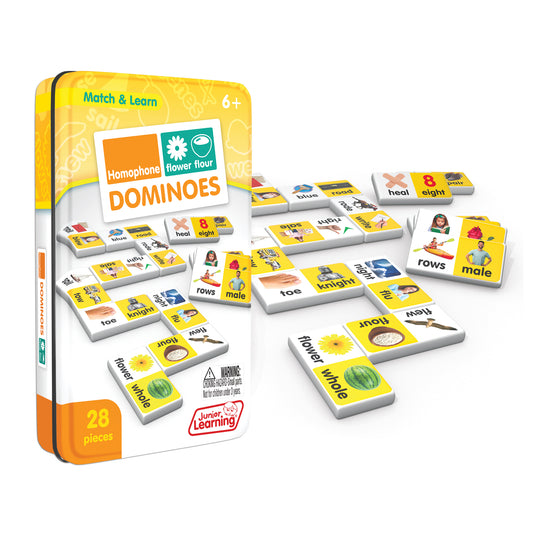 Homophone Match & Learn Dominoes 28-piece set in yellow tin, educational word-matching game for ages 6+