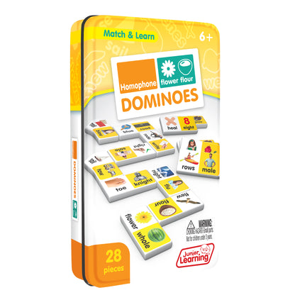 Homophone Match & Learn Dominoes 28-piece set in yellow tin, educational word-matching game for ages 6+