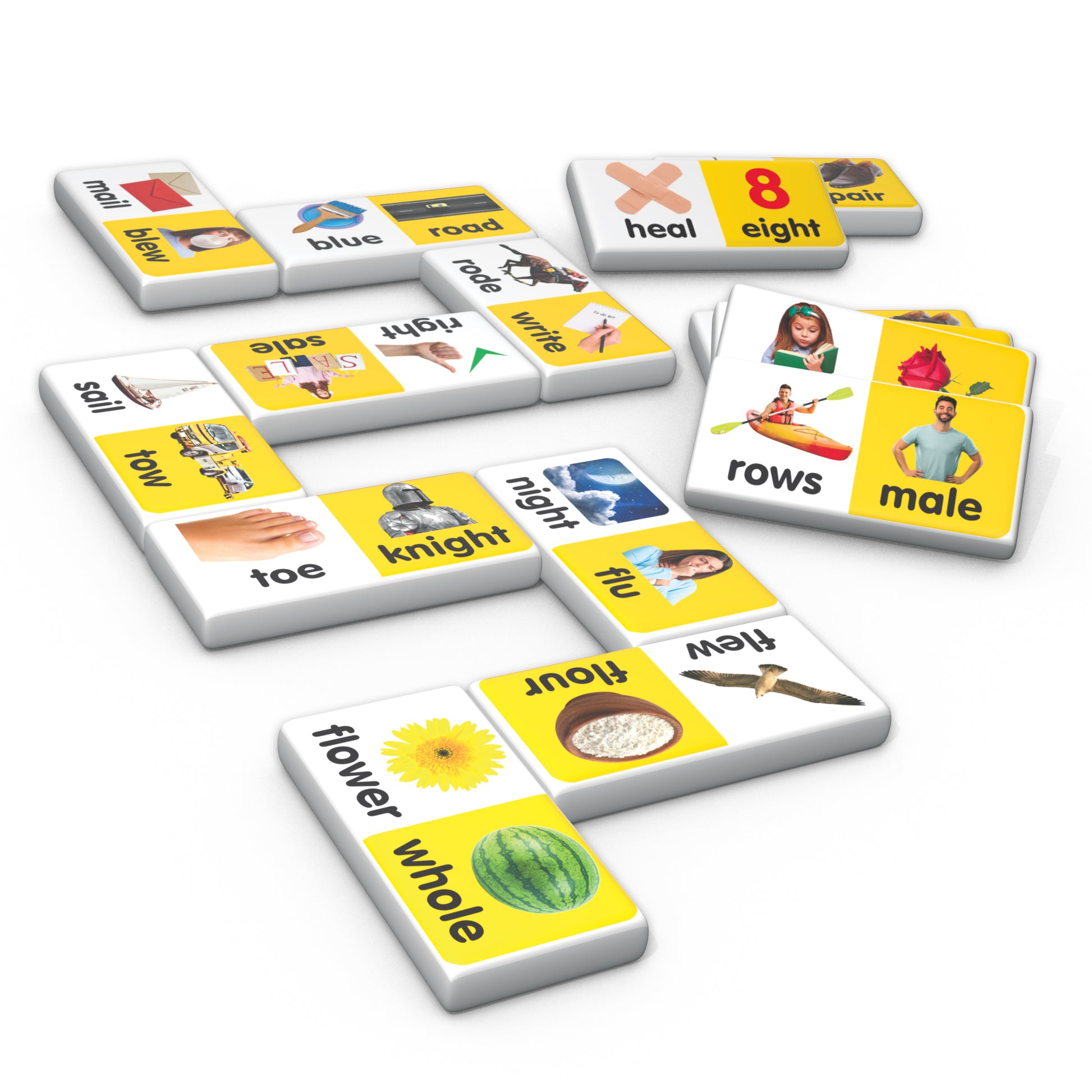 Homophone Match & Learn Dominoes 28-piece set with yellow and white tiles featuring word pairs and images