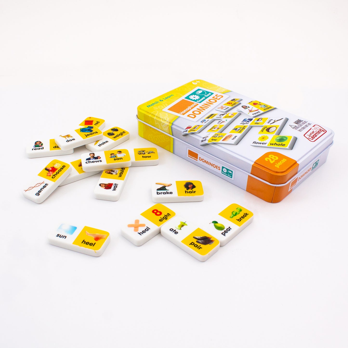 Homophone Match & Learn Dominoes 28-piece set with yellow and white tiles in orange collector's tin