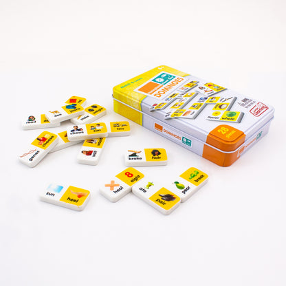 Homophone Match & Learn Dominoes 28-piece set with yellow and white tiles in orange collector's tin