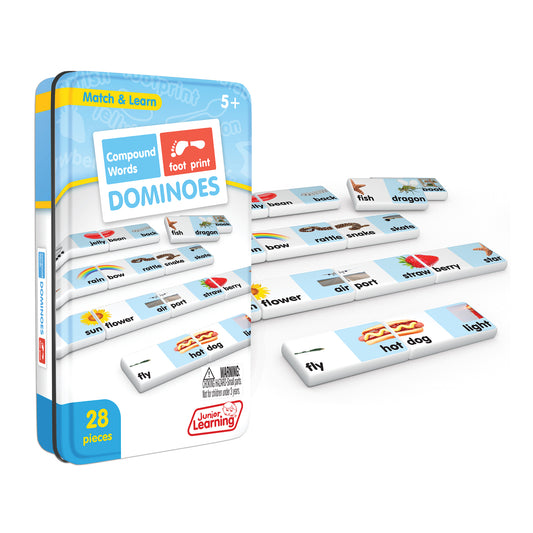 Compound Words Match & Learn Dominoes Game 28-piece set with colorful illustrated tiles showing word pairs like hot d...
