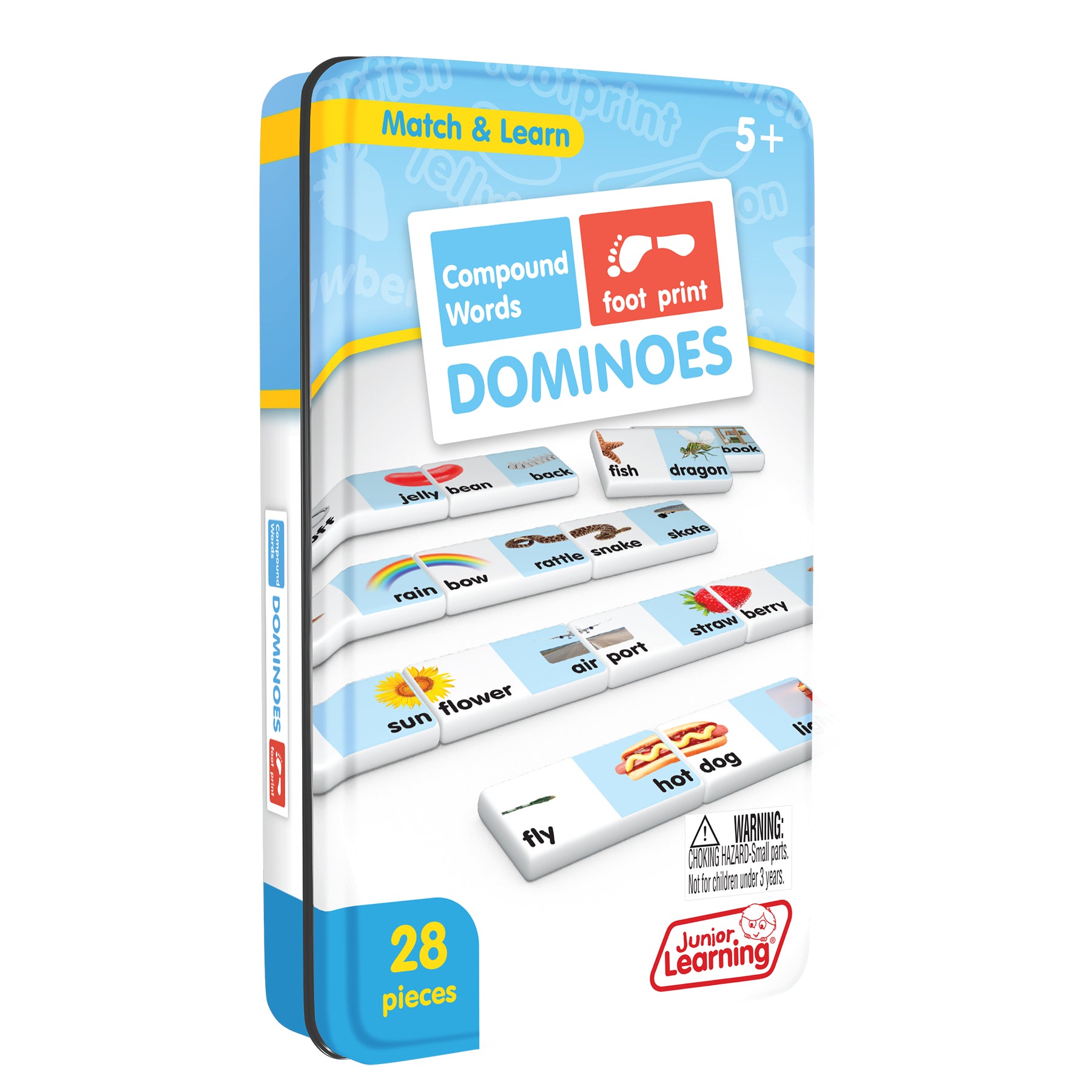 Compound Words Match & Learn Dominoes Game 28-piece set with colorful word tiles featuring images like jelly bean, ra...