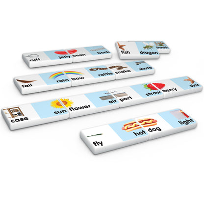 Compound Words Match & Learn Dominoes Game 28-piece set with colorful illustrated tiles showing word pairs like jelly...