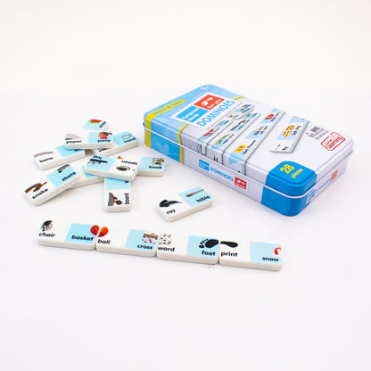 Compound Words Match & Learn Dominoes Game 28-piece set with blue storage box and white domino tiles featuring words ...