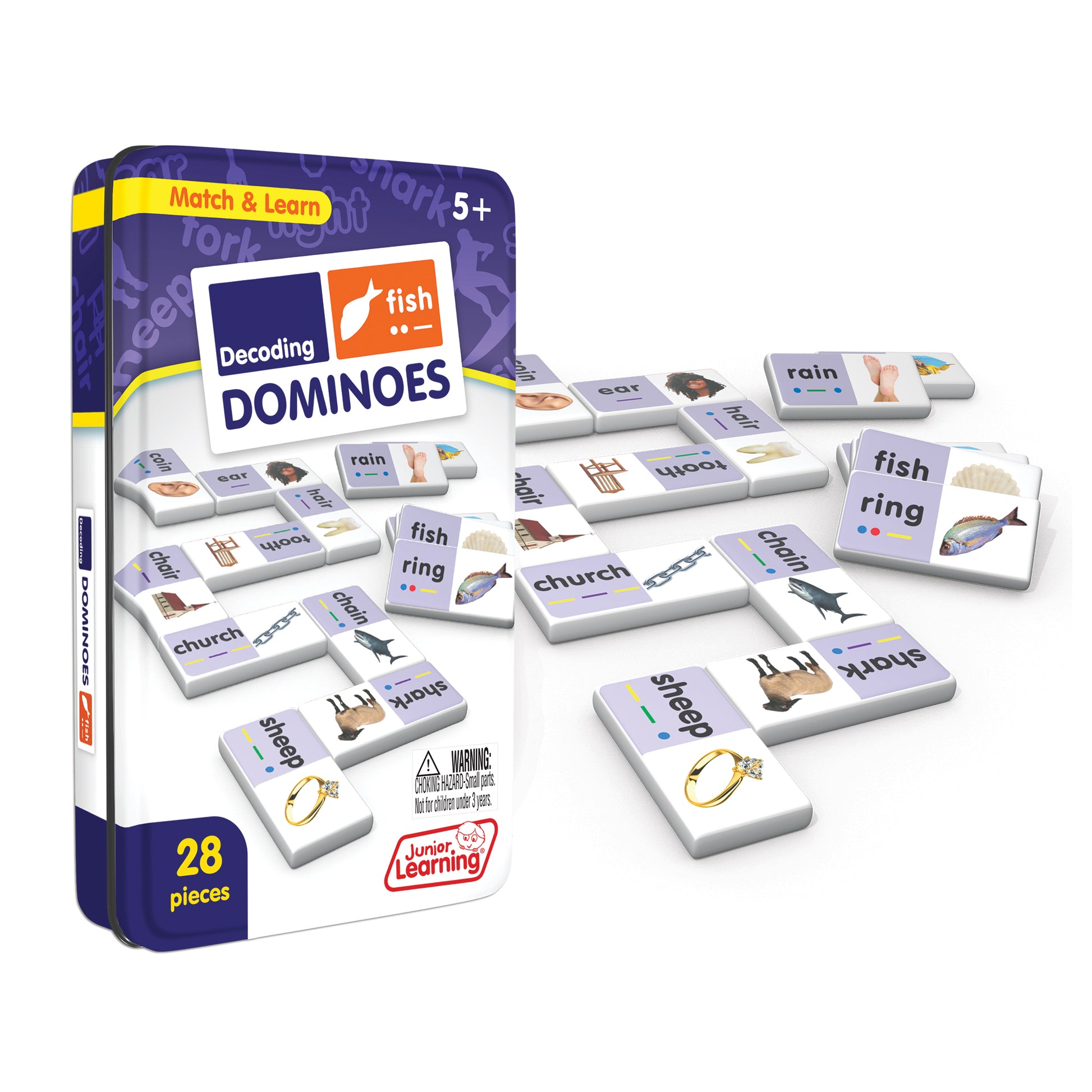 Decoding Match & Learn Dominoes 28-piece set with white tiles featuring words and images in collector's tin