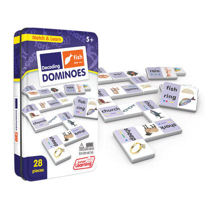 Decoding Match & Learn Dominoes 28-piece set with white tiles featuring words and images in collector's tin