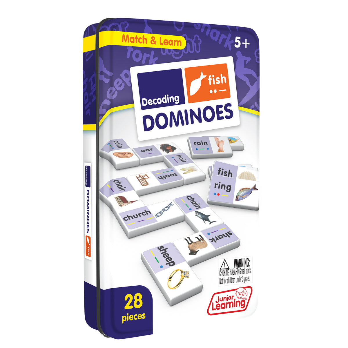 Decoding Match & Learn Dominoes 28-piece set in purple tin, educational word-matching game for ages 5+