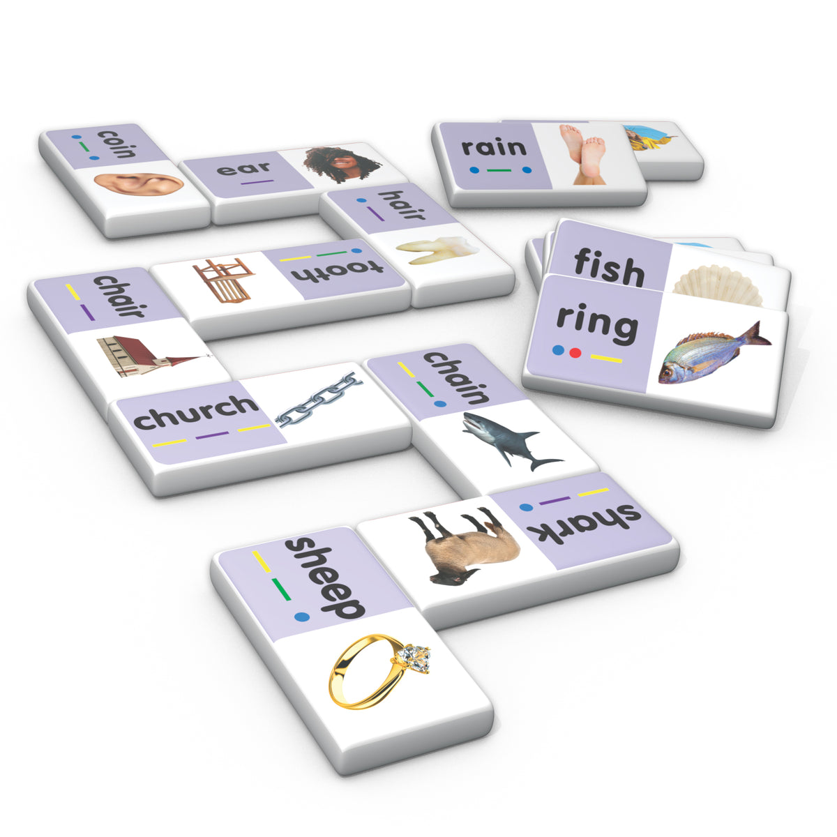 Decoding Match & Learn Dominoes 28-piece set with purple and white tiles featuring words, images, and phonetic symbol...