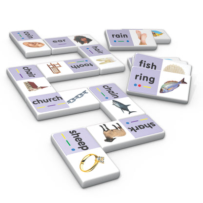 Decoding Match & Learn Dominoes 28-piece set with purple and white tiles featuring words, images, and phonetic symbol...