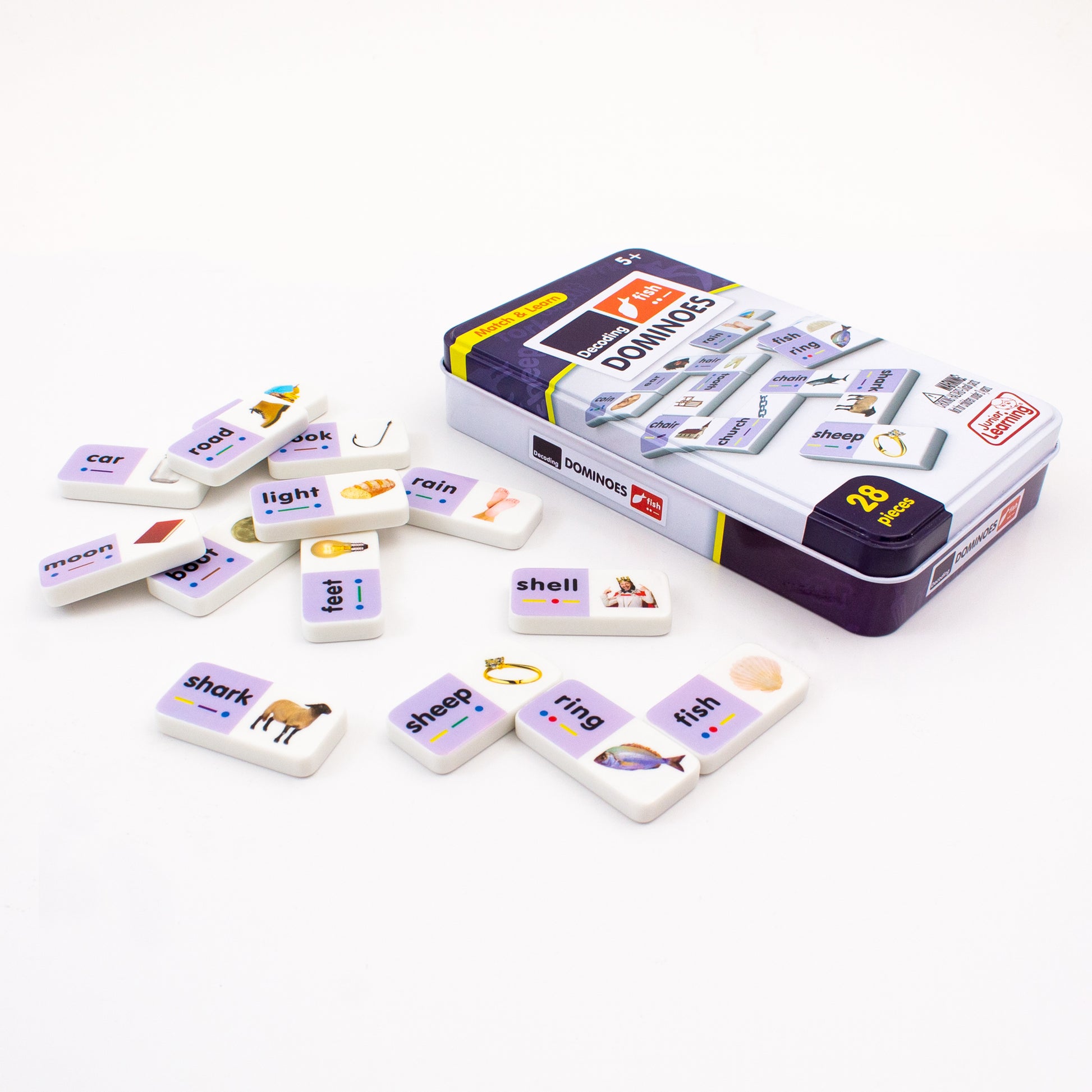 Decoding Match & Learn Dominoes 28-piece set with purple and white tiles in collector's tin