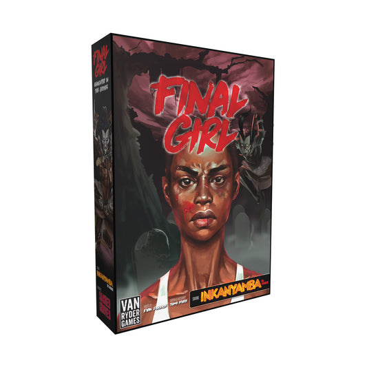Final Girl: Slaughter in the Groves board game box featuring red text logo and illustrated portrait of a character with dark atmospheric background