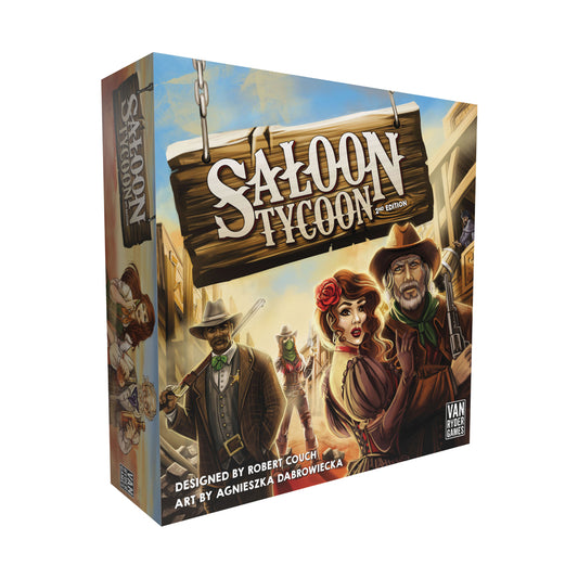 Saloon Tycoon 2nd Edition board game box showing Western-themed artwork with cowboys and saloon characters on a desert town background