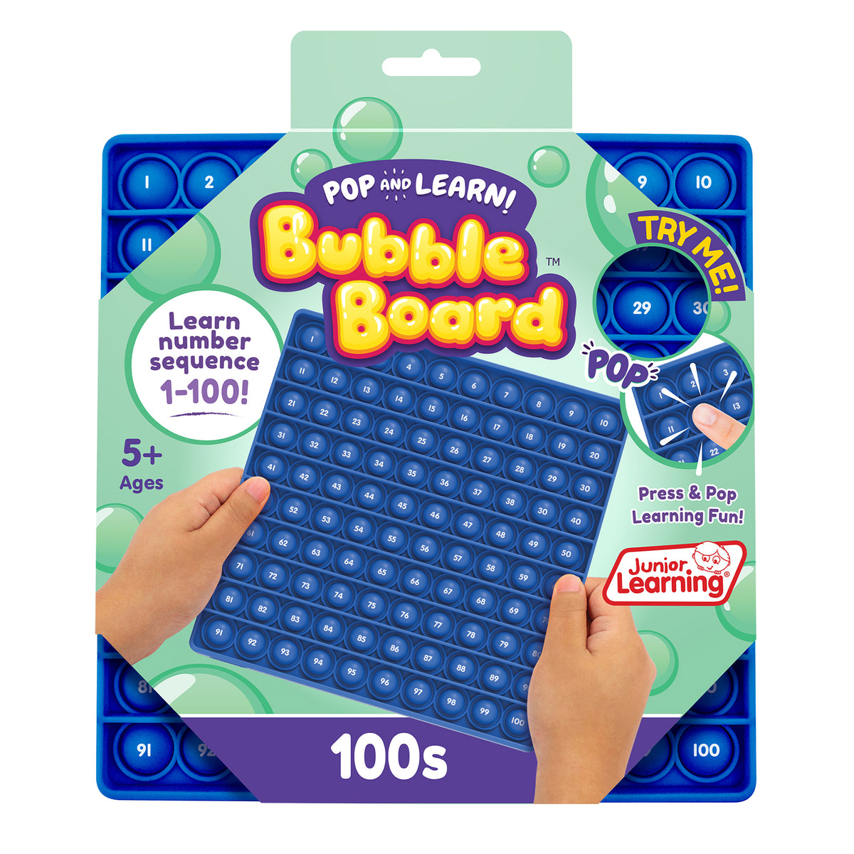 Pop and Learn Bubble Board 100s math toy with blue bubbles numbered 1-100, interactive learning game for ages 5+