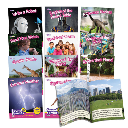 Collection of 12 colorful decodable reader books fanned out, including titles like Write a Robot, Knights of the Round Table, A Common Monkey, Read Your Watch,