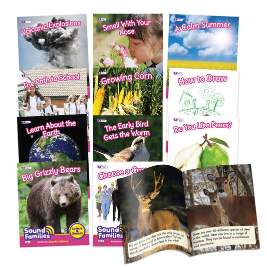 12-piece decodable reader book set displayed in a fan layout, featuring colorful covers with titles like Volcanic Explosions, Smell With Your Nose, A Calm Summe