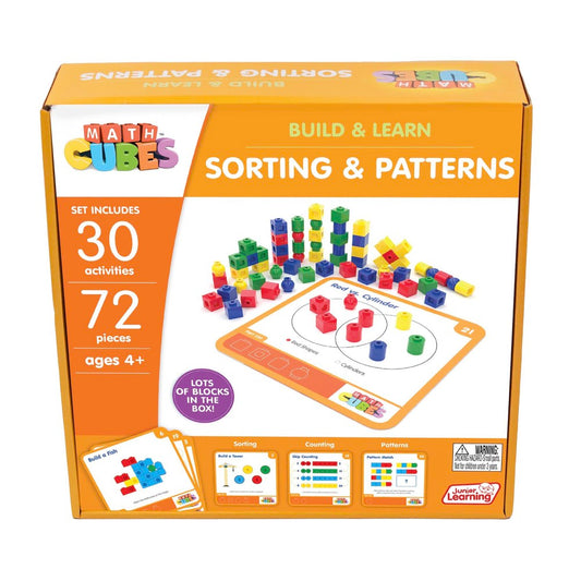 Math Cubes Build & Learn Sorting & Patterns set with 72 colorful blocks, activity cards, and instruction mat for ages 4+