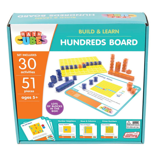 Math Cubes Build & Learn Hundreds Board set with yellow grid board, blue and orange counting blocks, activity cards, and instruction guide for ages 5+