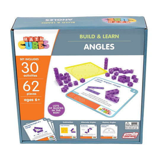 Math Cubes Build & Learn Angles set with 62 purple blocks, yellow base board, and activity cards showing geometry lessons for ages 6+