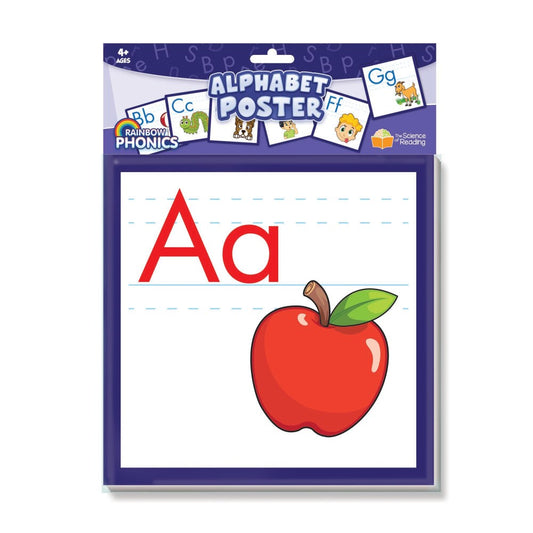 Rainbow Phonics Alphabet Poster showing letter Aa with red apple illustration and writing guidelines