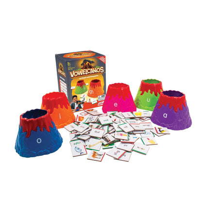 Vowelcanos vowel matching learning game with colorful volcano-shaped sorters in red, orange, blue, green, and purple