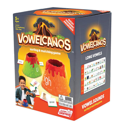 Vowelcanos sorting and matching game with red and green volcano toys for learning vowel sounds