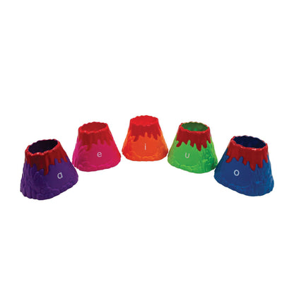 Vowelcanos vowel learning game with five colorful volcano-shaped pieces in purple, pink, orange, green, and blue