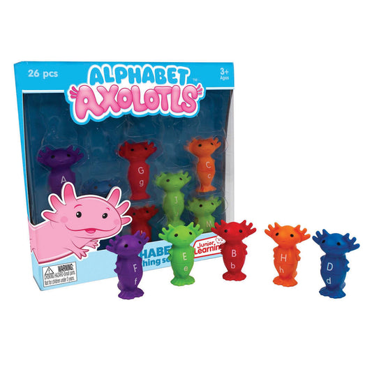 Alphabet Axolotls 26-piece letter matching set with colorful axolotl figures in purple, red, green, orange, and blue