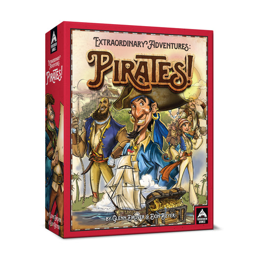 Extraordinary Adventures: Pirates! board game box with red edges, featuring illustrated pirate characters, a ship, and treasure chest on cream-colored cover