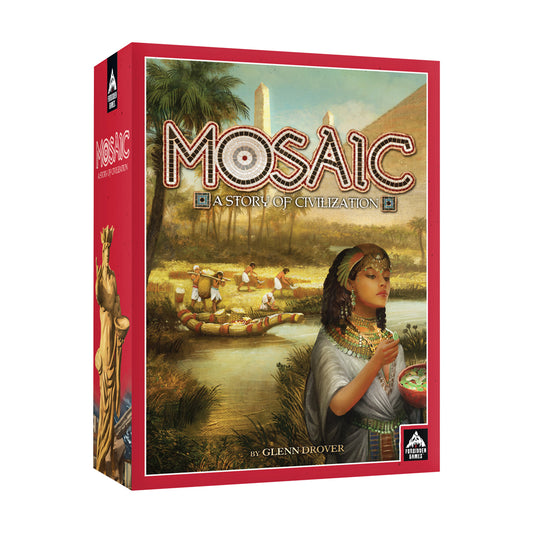Mosaic: A Story of Civilization board game box with red packaging, showing ancient Egyptian scene with woman in traditional dress and Nile River settlement in b